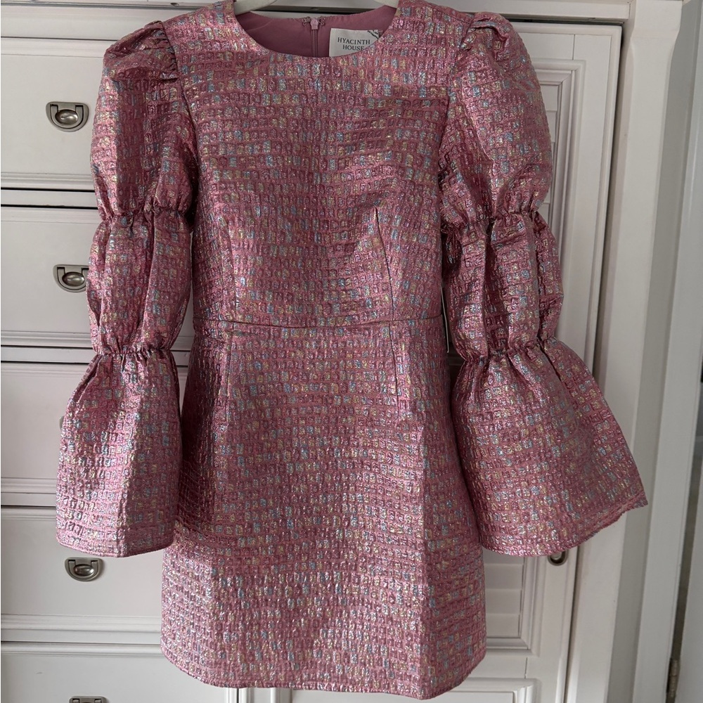 Hyacinth House Metallic Pink Mini Dress with Puffed Sleeves